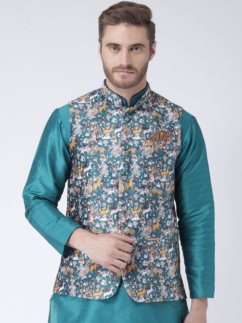 Men's Multicoloured 
Polyester
 Printed Nehru Jackets